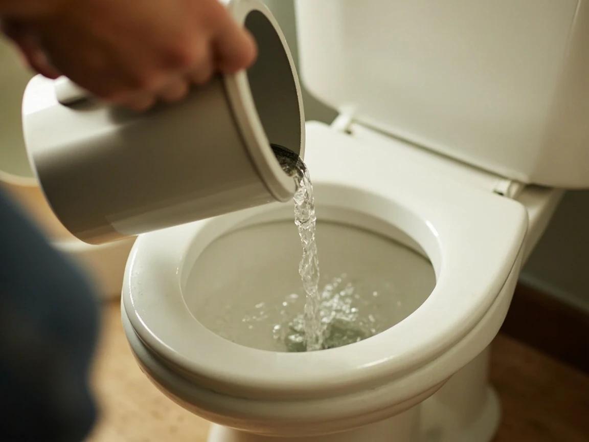 Step 5 of How to Unclog a Toilet Without a Plunger: Pour 1 gallon of HOT (not boiling) water from waist height