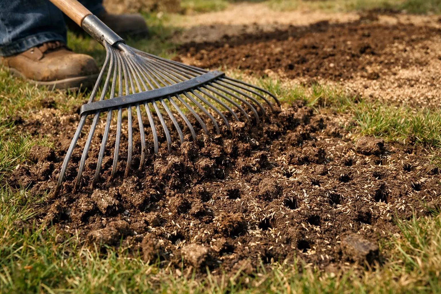 Step 8 of How to Aerate and Overseed a Lawn: Lightly Rake to Improve Seed-to-Soil Contact