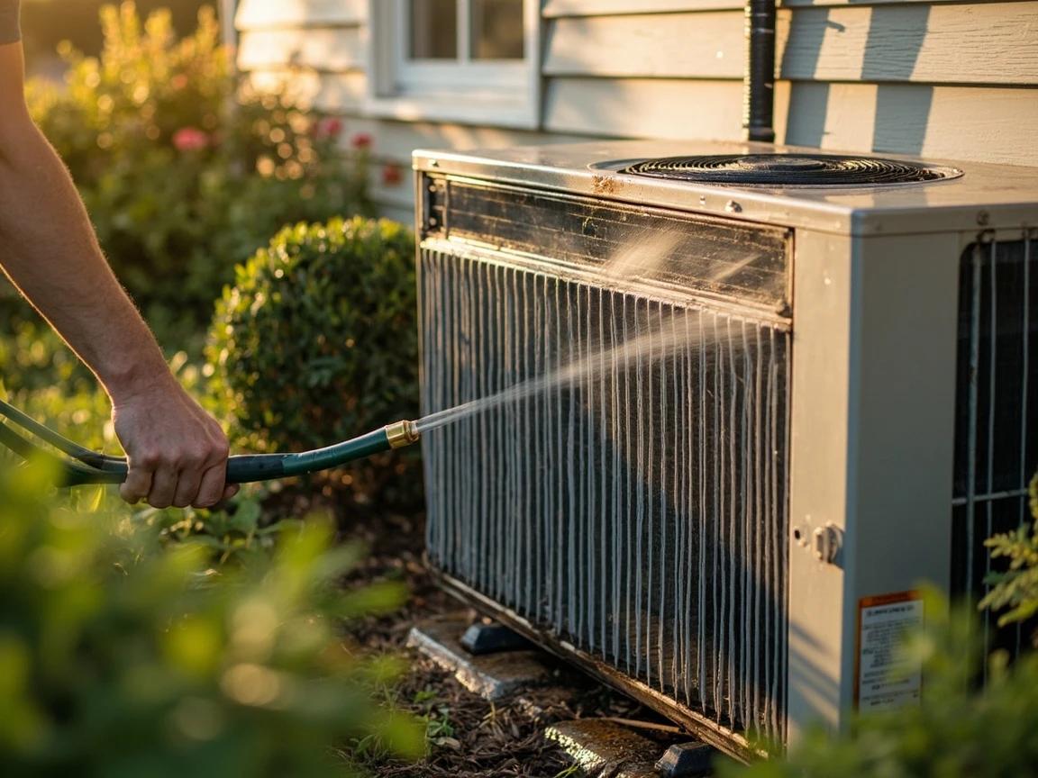 Step 7 of How to Clean and Maintain a Mini-Split: Clear and Gently Rinse the Outdoor Unit