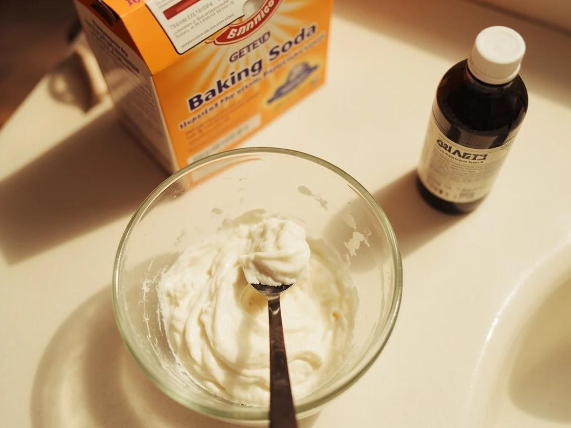 Step 3 of How to Clean and Seal Bathroom Grout: Mix a peroxide and baking soda paste