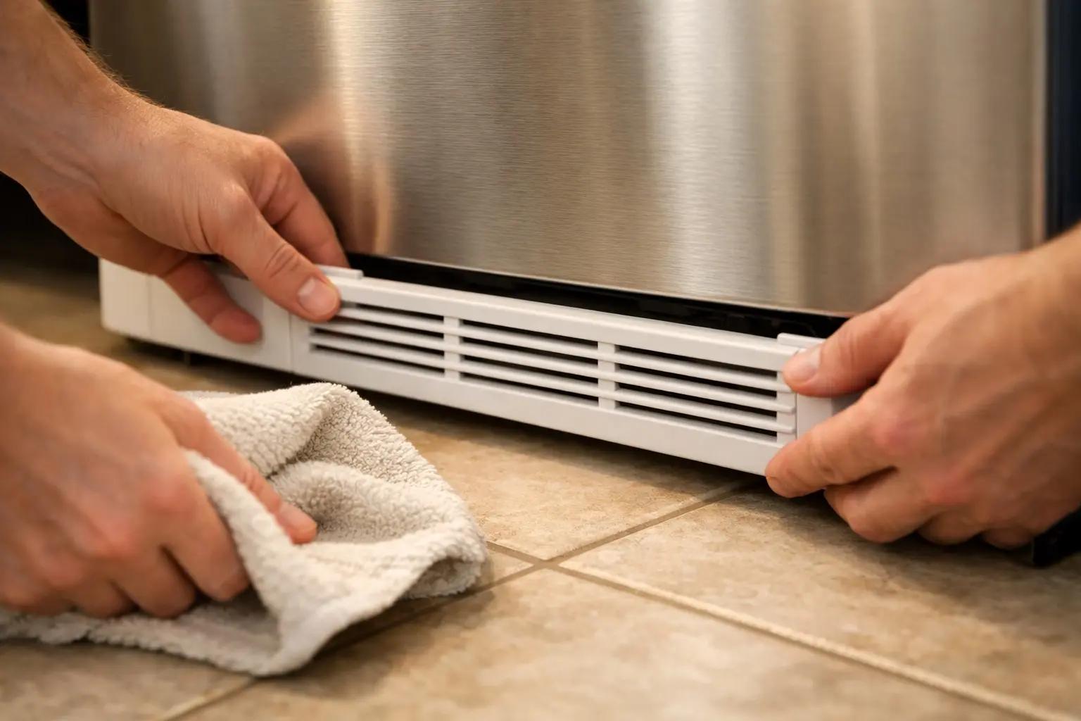 Step 7 of How to Clean a Refrigerator Condenser Coil: Reinstall the Grille and Restore Power