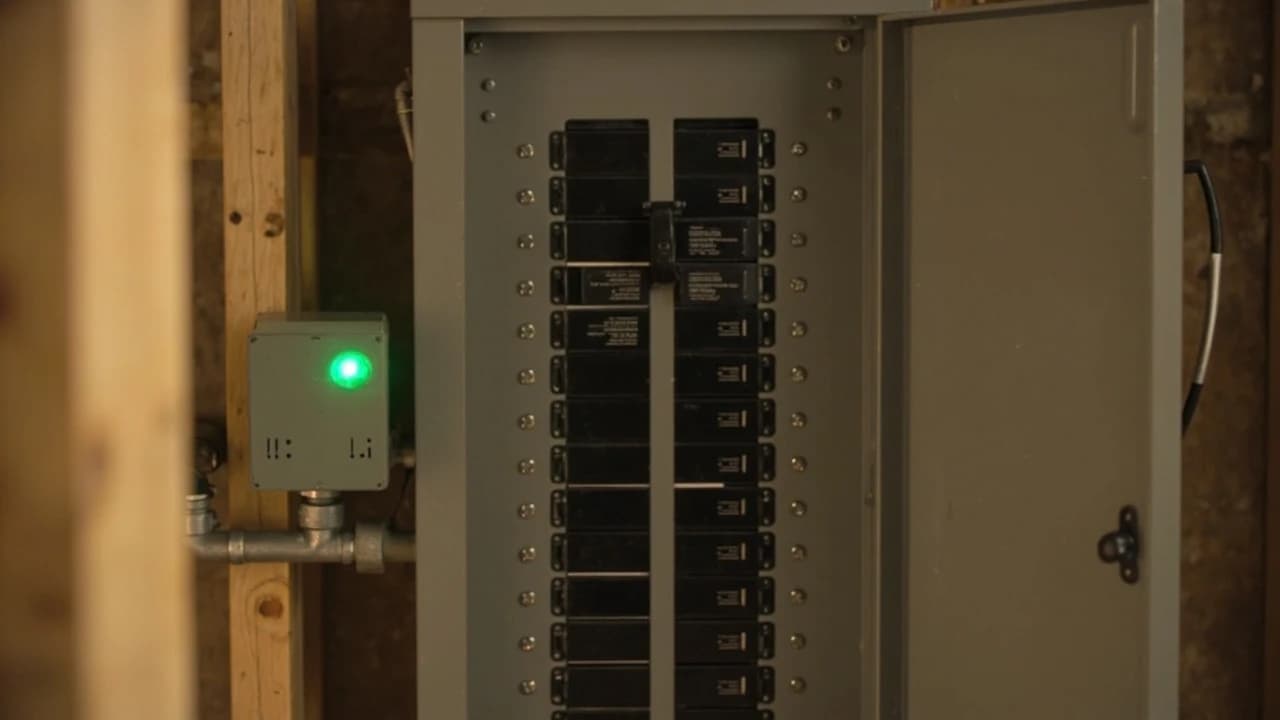 Face-on view of a gray steel residential breaker panel on an unfinished basement wall with its door swung open: one large