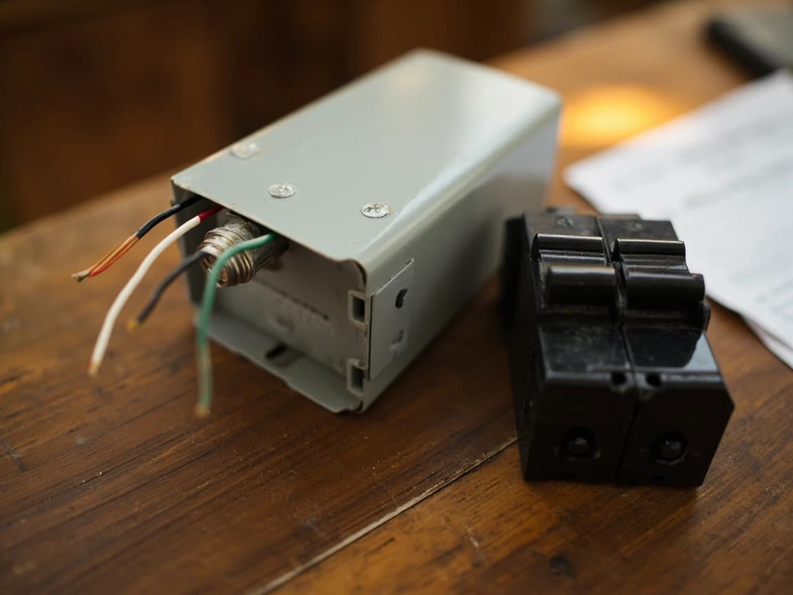 A compact gray rectangular metal box lies on a wooden workbench with exactly four short insulated wires coming out