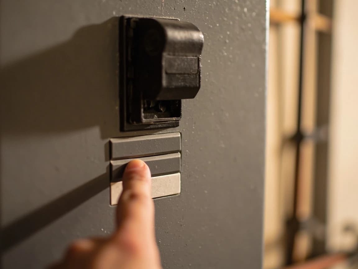 Face-on view of a closed gray breaker panel cover on a basement wall: one large double-width black main breaker handle