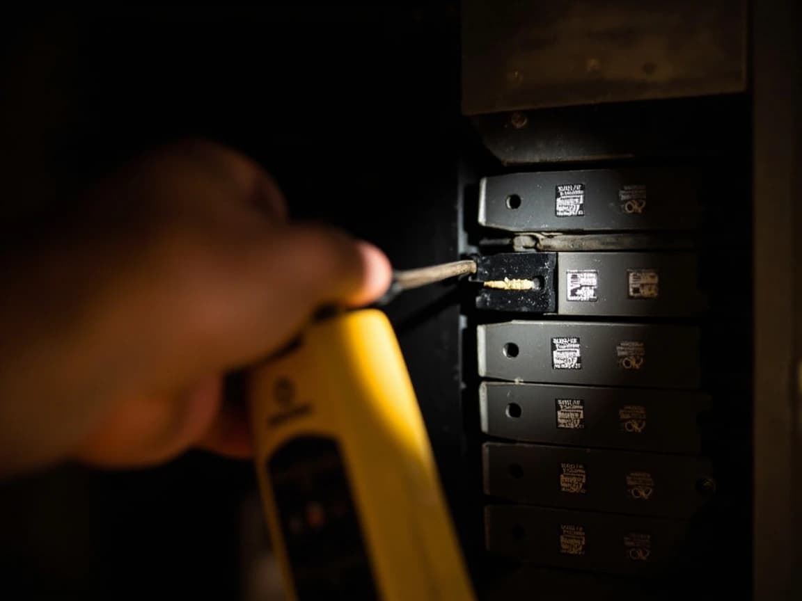 A hand holding a yellow non-contact voltage tester with its tip against the side of a plain black breaker handle