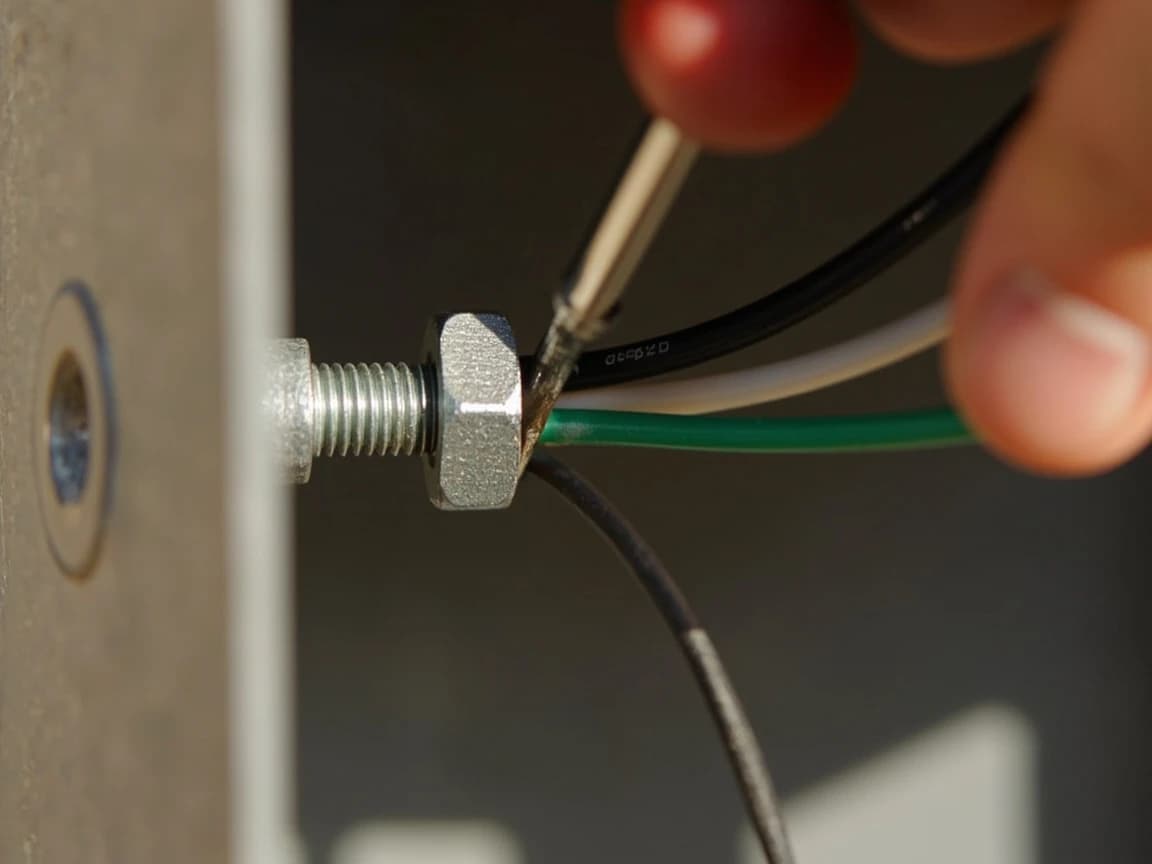 View from inside a gray steel breaker panel enclosure looking at its left side wall: a short threaded metal pipe nipple
