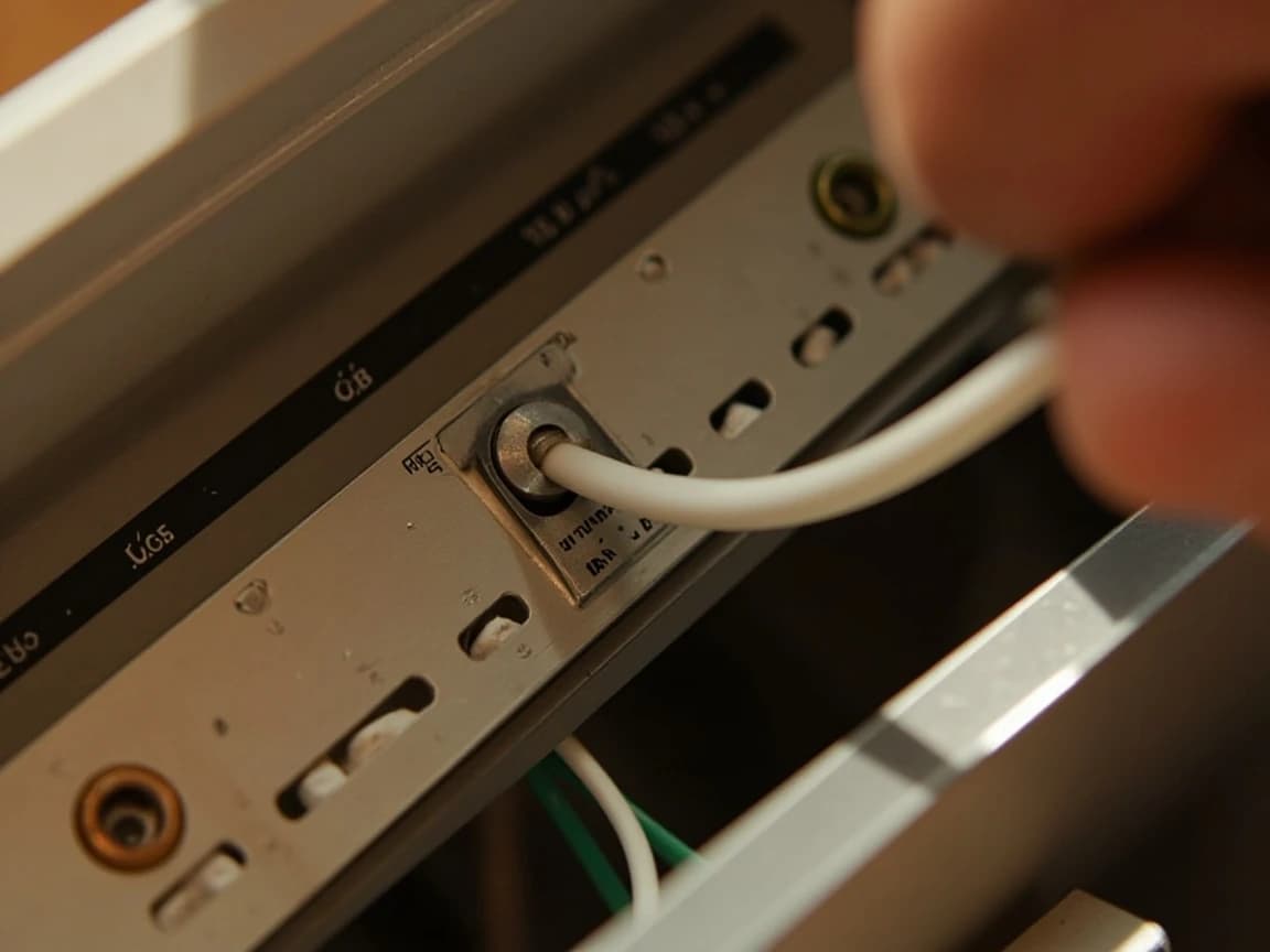 Close-up inside a breaker panel: a long silver neutral bar with a row of screw terminals runs vertically