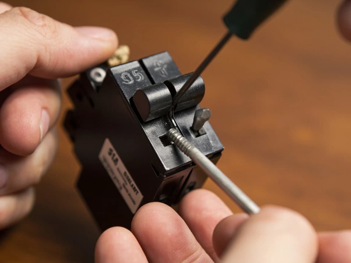 One hand holding a black double-pole circuit breaker, two switch handles joined by a bar