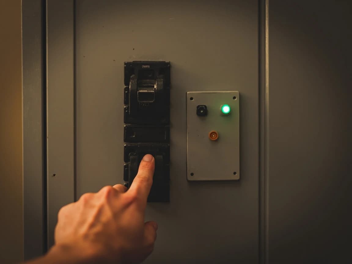 Face-on view of a closed gray breaker panel cover: a large double-width main breaker handle at the top