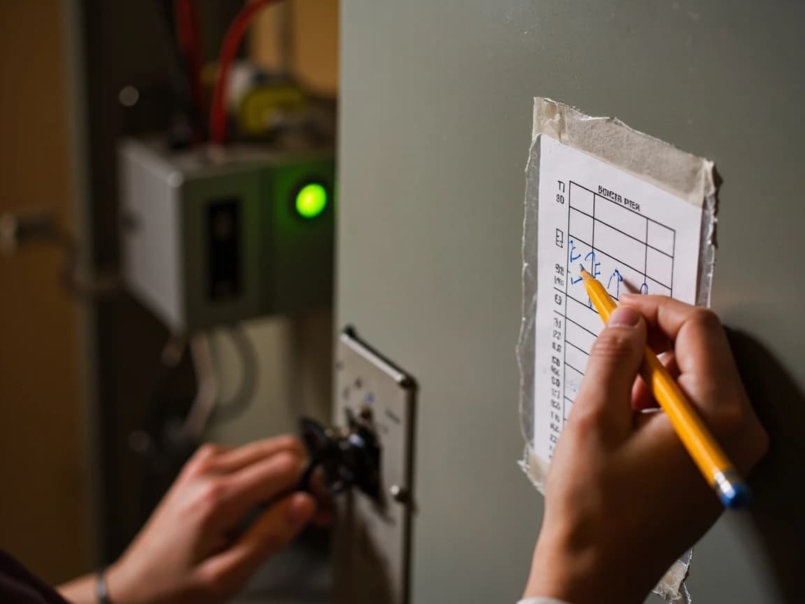 A hand writing with a pencil on the paper circuit directory card glued inside an open breaker panel door