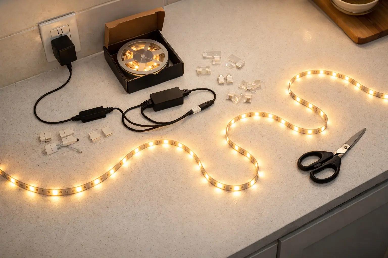 Step 2 of How to Install Under-Cabinet Lighting: Test the LED Strips Before Installing