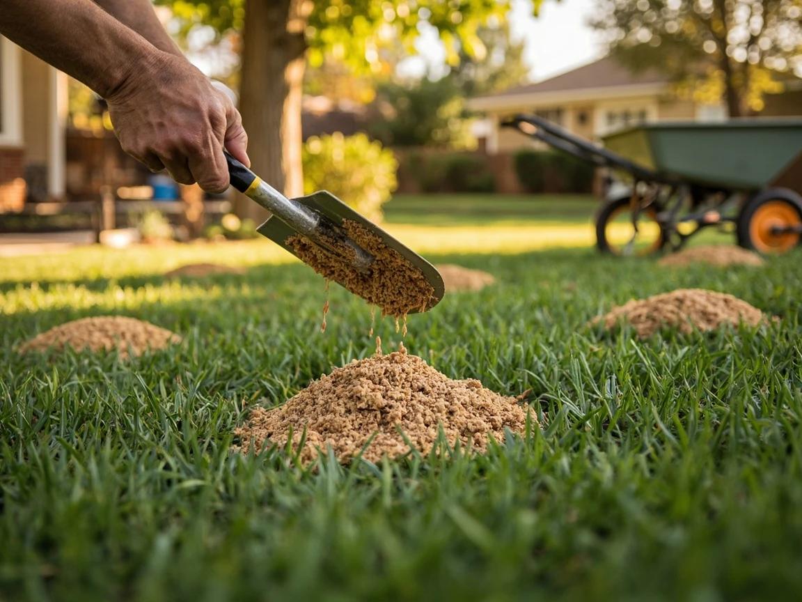Step 4 of How to Level a Bumpy Lawn: Spread the Topdressing Over Low Spots First