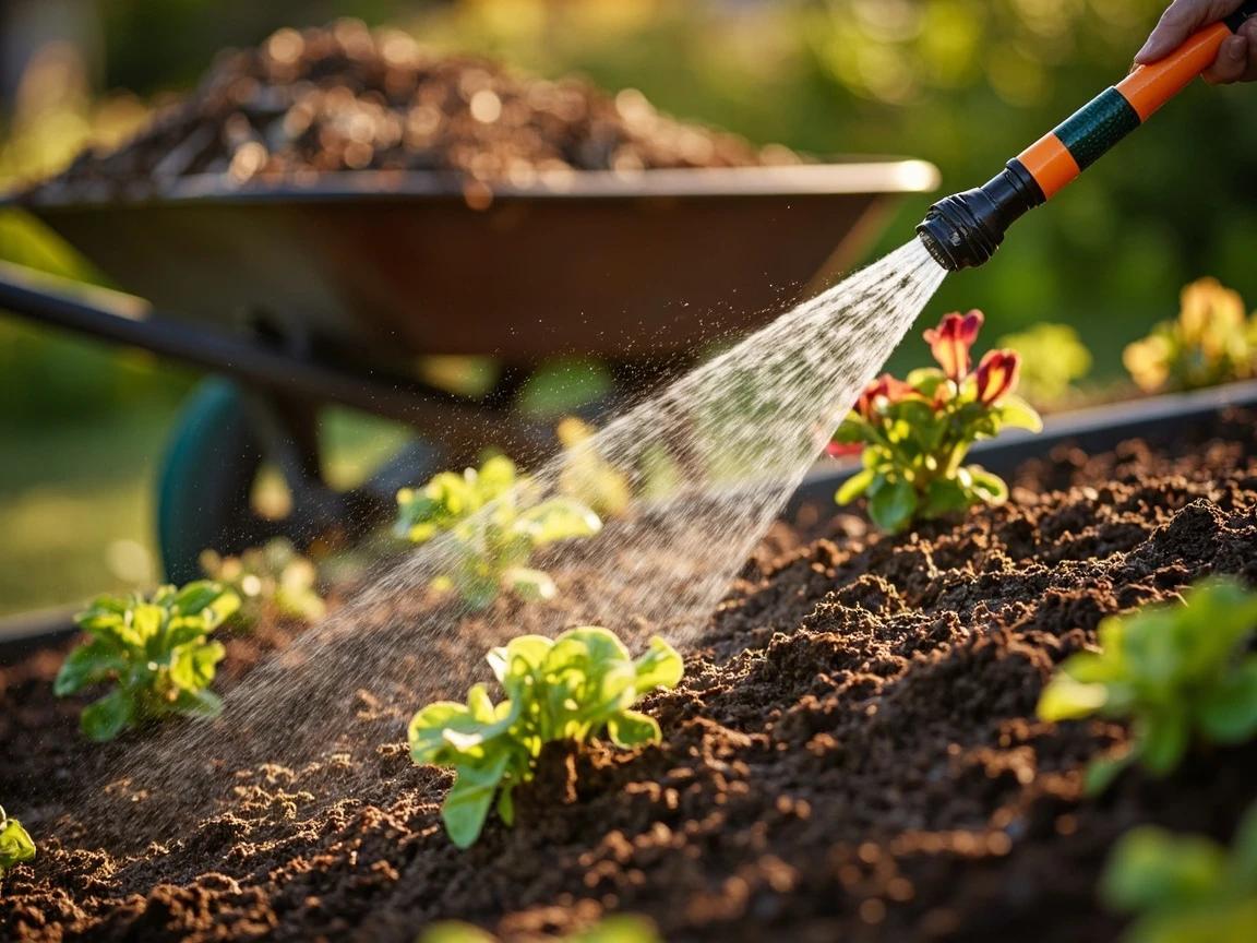 Step 4 of How to Mulch Flower Beds Properly: Water the Soil Lightly Before Spreading Mulch