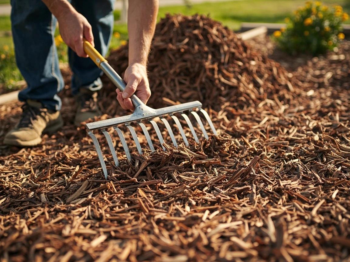 Step 7 of How to Mulch Flower Beds Properly: Spread the Mulch to an Even 2-3 Inch Depth