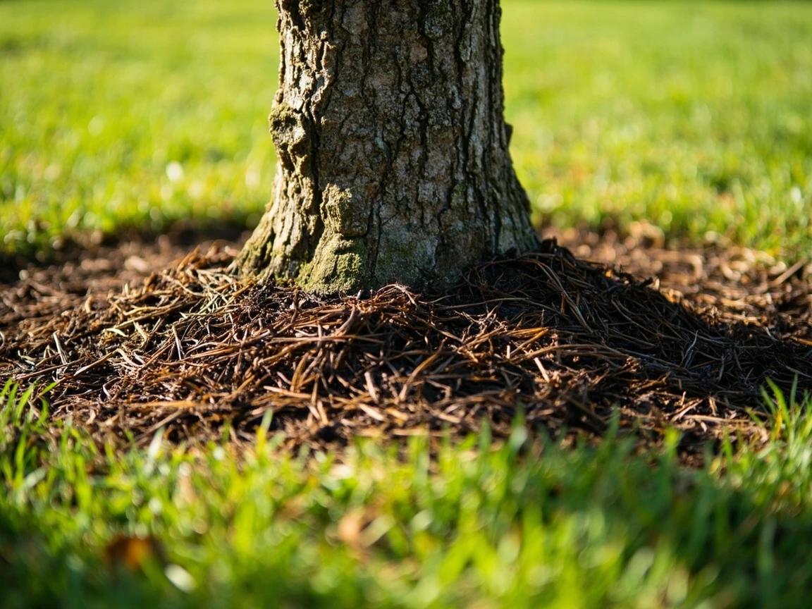 Step 8 of How to Mulch Flower Beds Properly: Keep Mulch Away from Plant Stems and Tree Trunks
