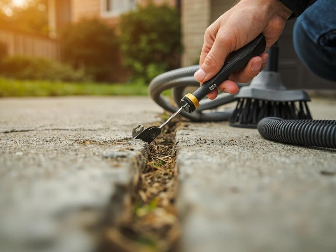 Step 2 of How to Patch Cracks in a Concrete Driveway: Rake out and clean every crack