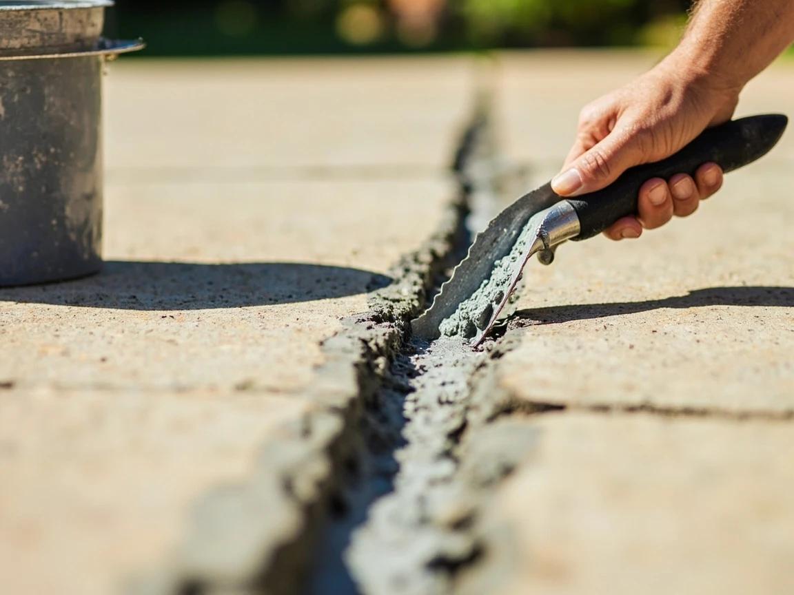 Step 7 of How to Patch Cracks in a Concrete Driveway: Trowel vinyl patcher into wide or crumbling cracks