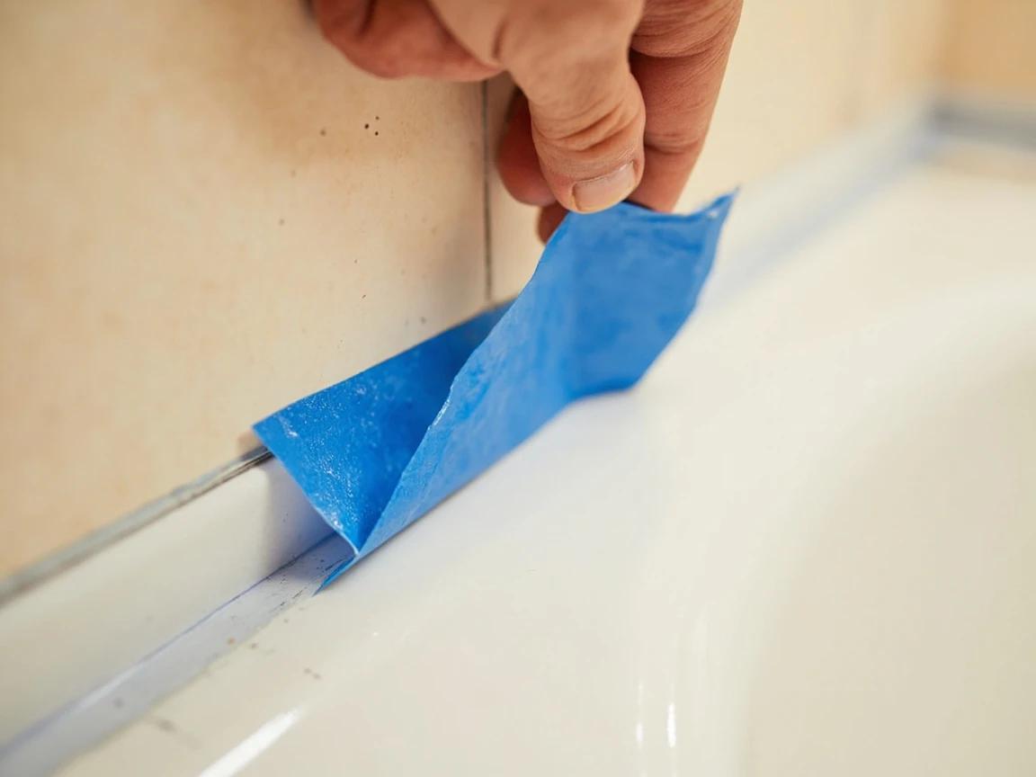 Step 8 of How to Re-Caulk a Bathtub or Shower Surround: Peel the tape before the caulk skins (within 5-10 minutes)