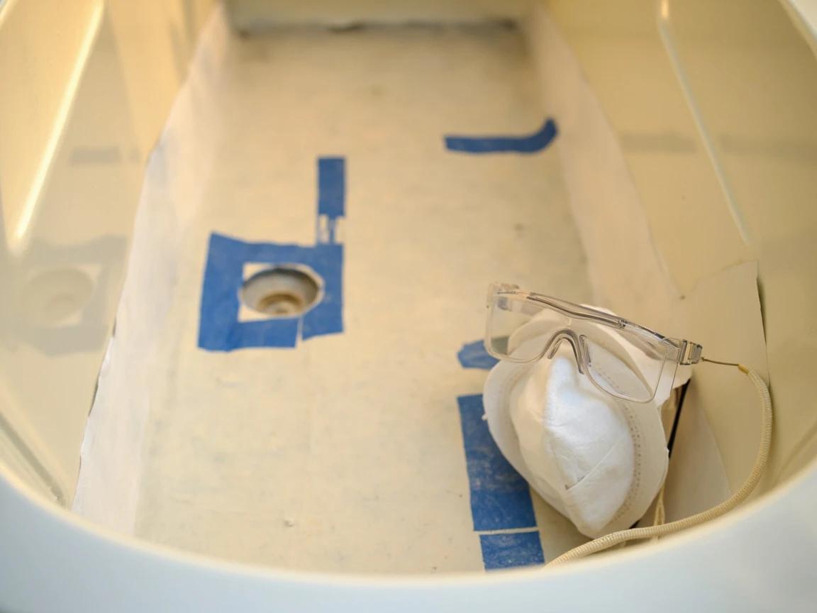 Step 2 of How to Regrout Bathroom Tile: Mask the drain, lay drop cloths, and gear up