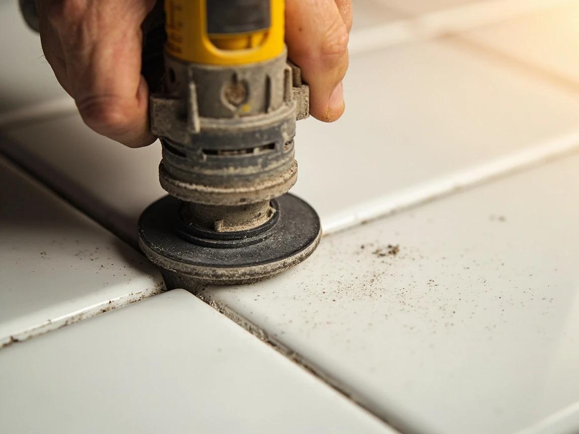 Step 3 of How to Regrout Bathroom Tile: Grind out the old grout to about 1/8 inch deep