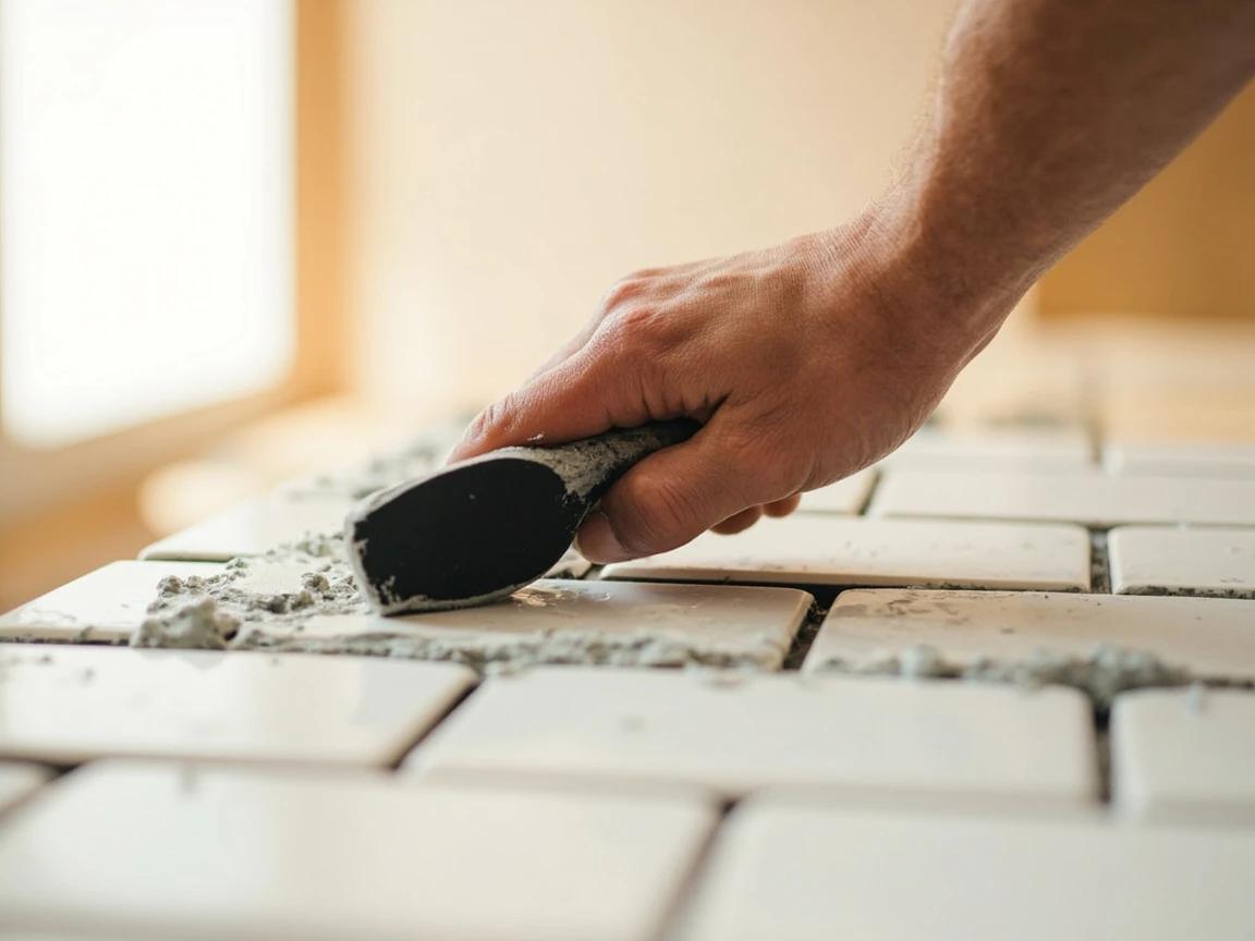 Step 6 of How to Regrout Bathroom Tile: Float the grout in at a 45-degree angle
