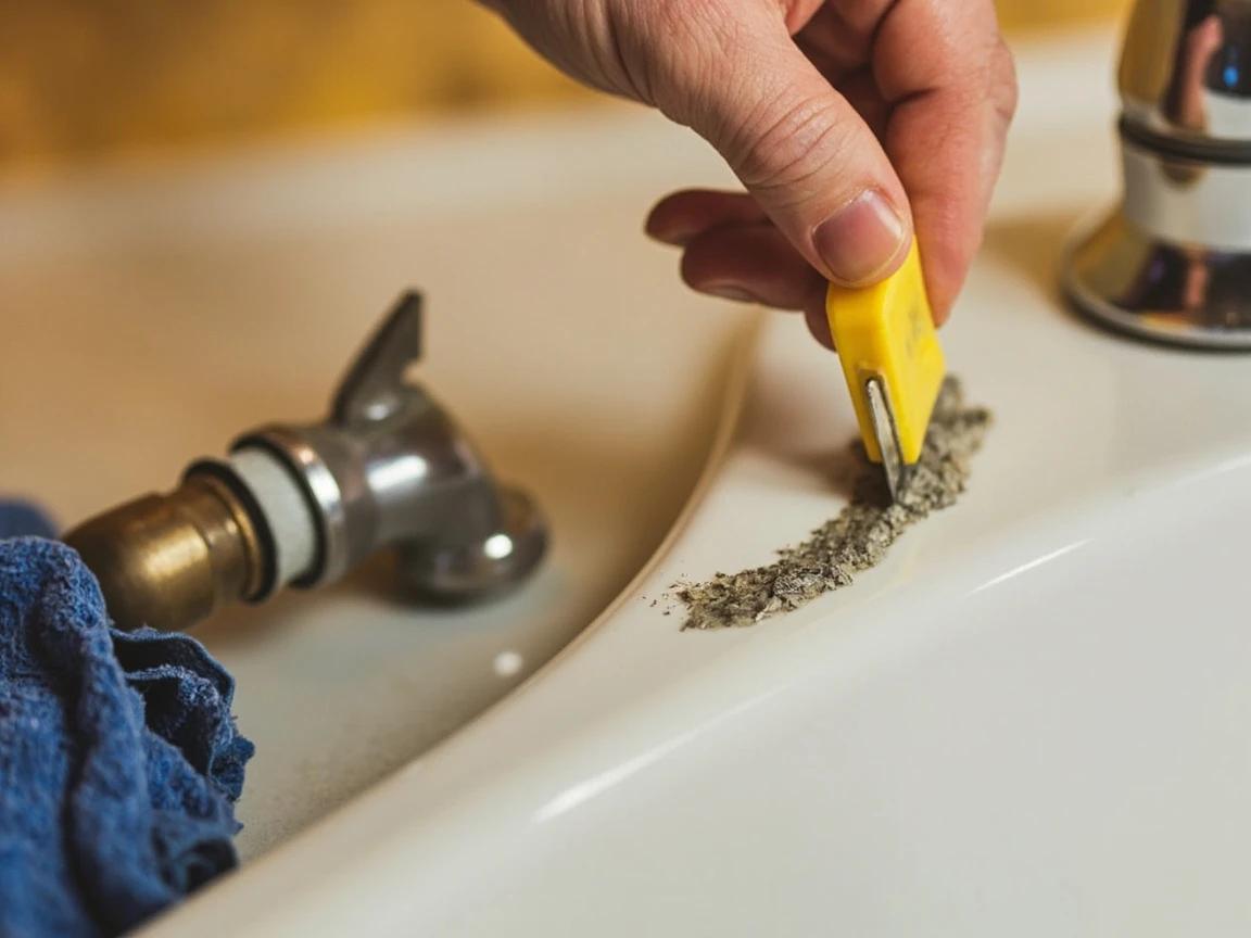 Step 5 of How to Replace a Bathroom Faucet: Lift Out the Old Faucet and Scrape the Deck Clean