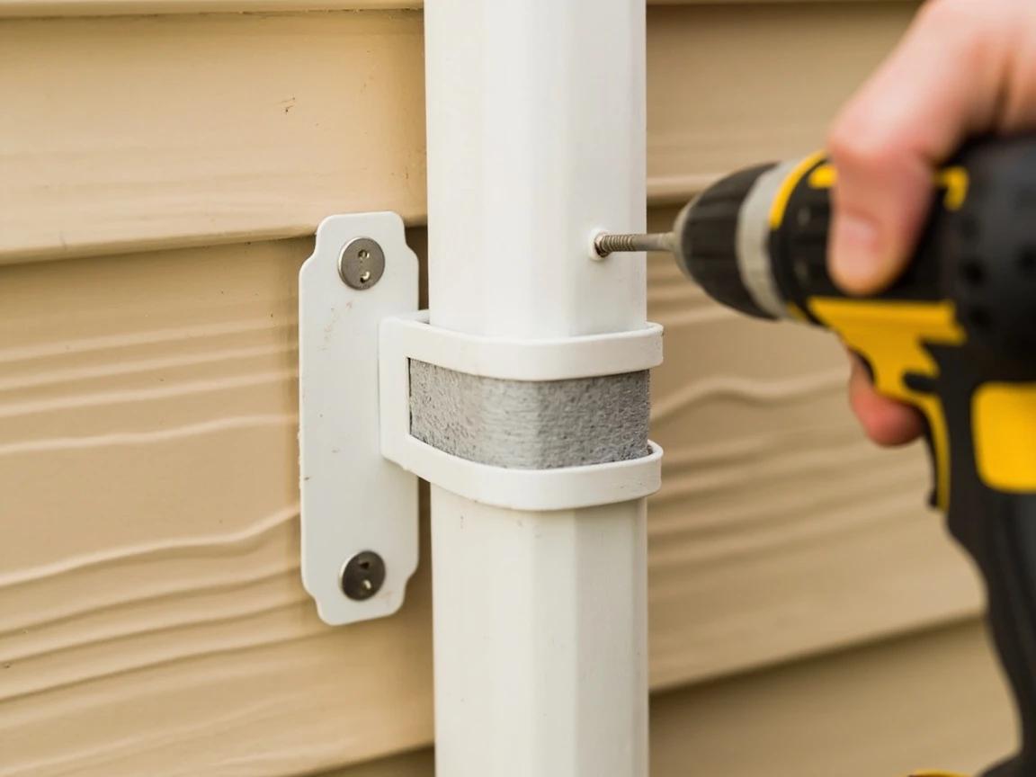 Step 7 of How to Replace a Downspout: Strap the Downspout to the Wall