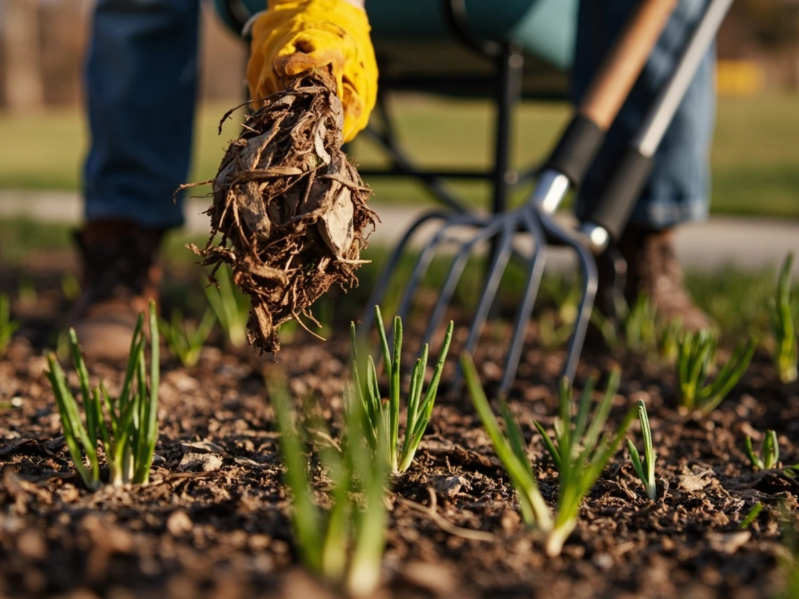 Clear the Bed of Debris, Weeds, and Old Mulch Lumps